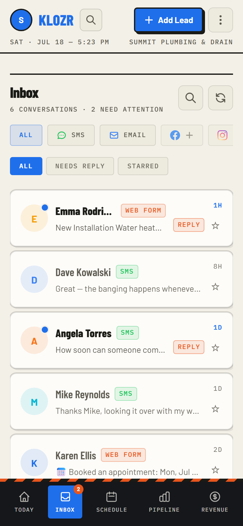 Klozr inbox — every customer conversation in one place