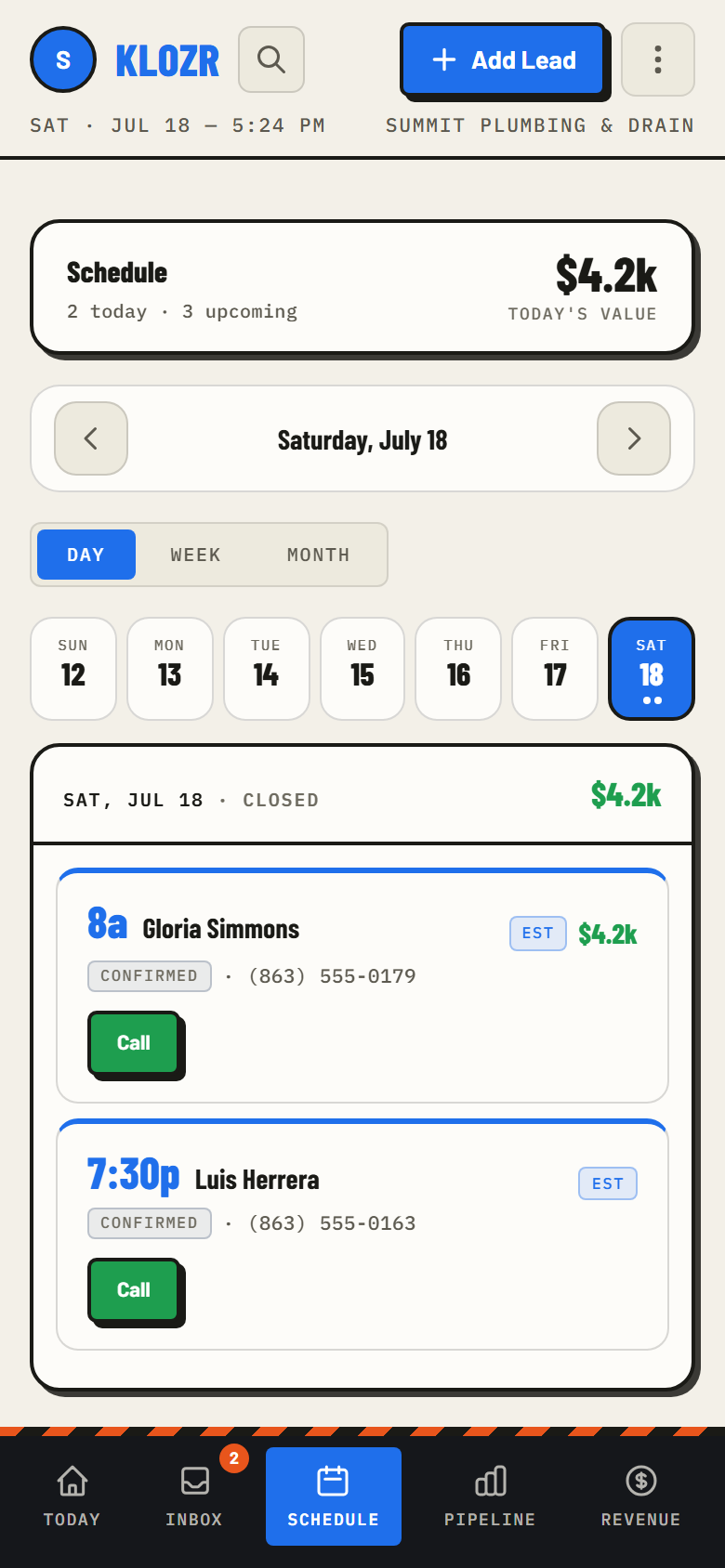 Klozr schedule — appointments with dollar values
